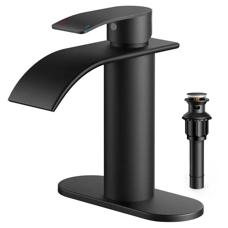FORIOUS Modern Matte Black Bathroom Faucet, Single Handle Stainless Steel Sink Tap with Metal Pop-Up Drain, Drip-Free Waterfall Design, 24"-Hose, 4.5L Capacity, 6.49in Deck Plate for Standard Sinks, 1-Hole Setup, Home Essential for DIY Users