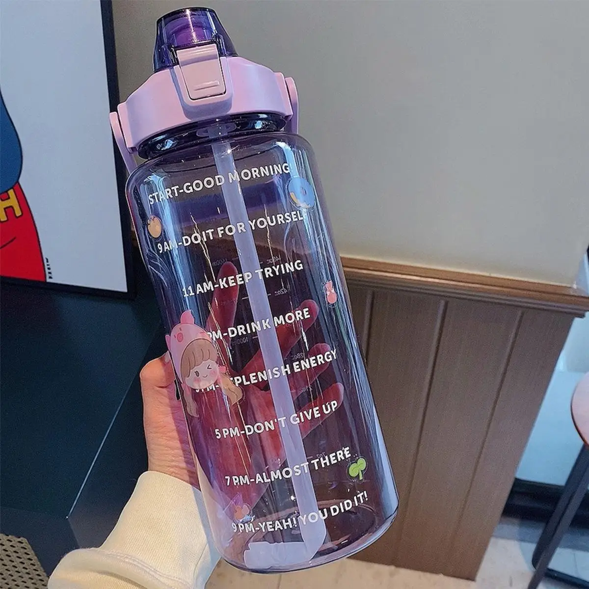 Sports Water Bottle, 1 Count 67.63oz Straw Drinking Water Bottle, Lightweight Tumbler Cups, Portable Water Bottle with Time Marker, Multicolor Washabl