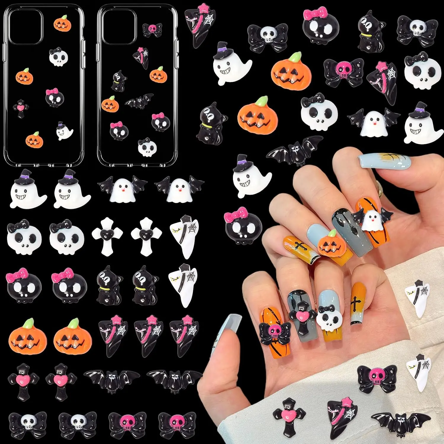 Halloween fall Gifts 100 Pcs Halloween Resin Charms, Gothic Junk Cases Charms | Pumpkin Ghost Bow Cross Cat Bat Halloween Resin Charms, Halloween Mini