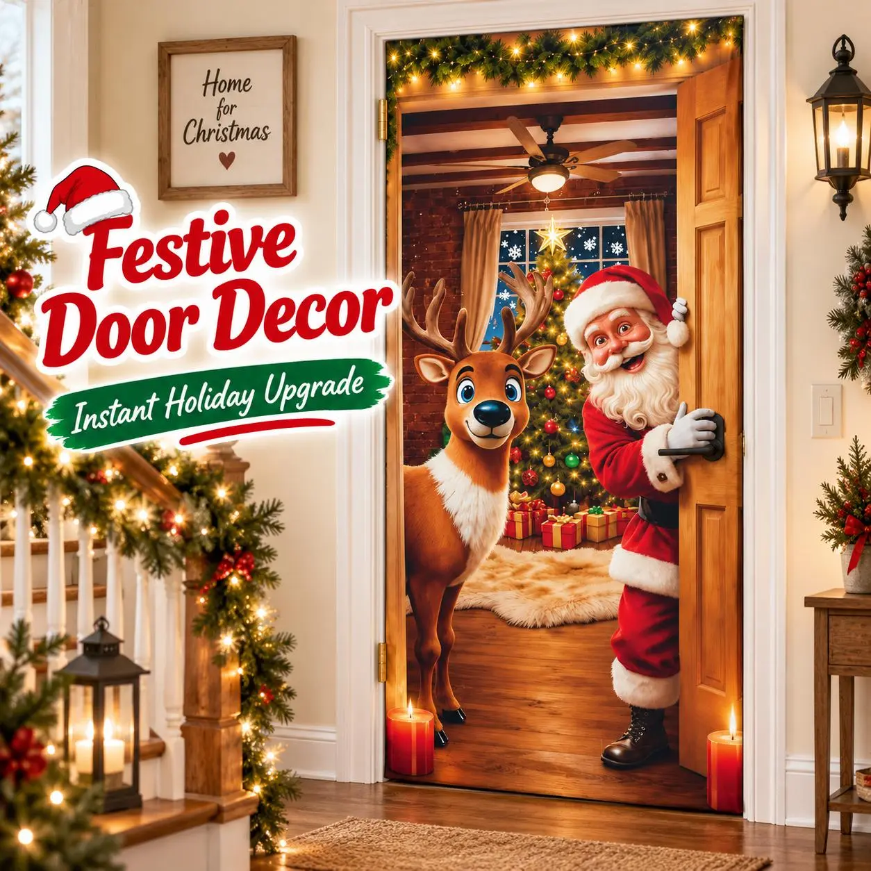 Christmas Door Cover - Santa & Reindeer Stretch Fabric Door Banner with 4-Side Elastic Edges, DIY Door Handle Cutout, Slip-On Front Door Holiday Decor,home decor