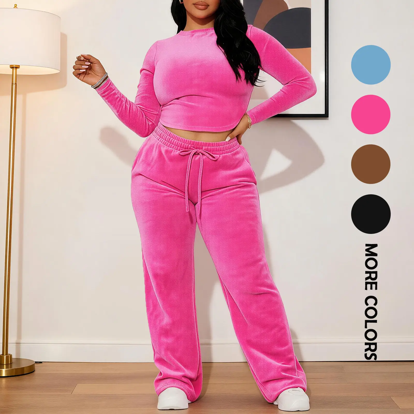MOEENCN Women's 2-Piece Comfy Velvet Terry Tracksuit Set, Gym Fashion Polyester Blend - Crew Neck Long-Sleeve Cropped Top with Elastic Drawstring, Adjustable Mid-Waist Wide-Leg Sweatpants, Curvy Plus Size Loungewear for Casual Street/Daily Use