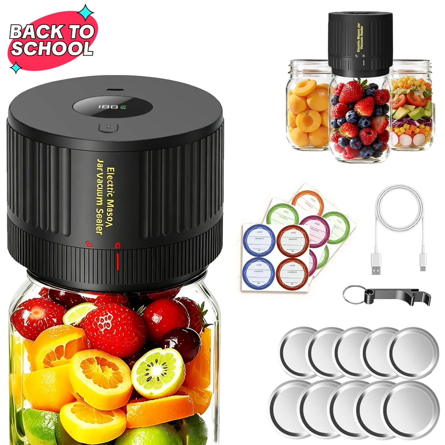 2026 Upgraded Electric Mason Jar Vacuum Sealer Kit with 5 Lids 1-Touch Automatic Cordless Food Saver Pump Non-Slip Seal USB Rechargeable Vacuum Sealer for Wide Regular Mouth Jars Cuts Food Waste 70% Canning Meal Prep Kitchen Storage Gadget Gift