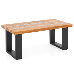 COSTWAY - Teak Wood Patio Table with River Feel Epoxy Tabletop