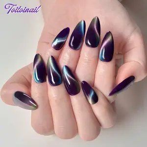 Cat Eye Aura Handmade Press-On Nails, Glossy Acrylic Nails, Glossy Fake Nails, Medium Almond Shape, 10pcs Handmade, Multi-Color Magnetic Cat Eye Polish, High Gloss Mirror Finish, Reusable DIY Manicure Nail Kit for Women Daily Wear, False Nails