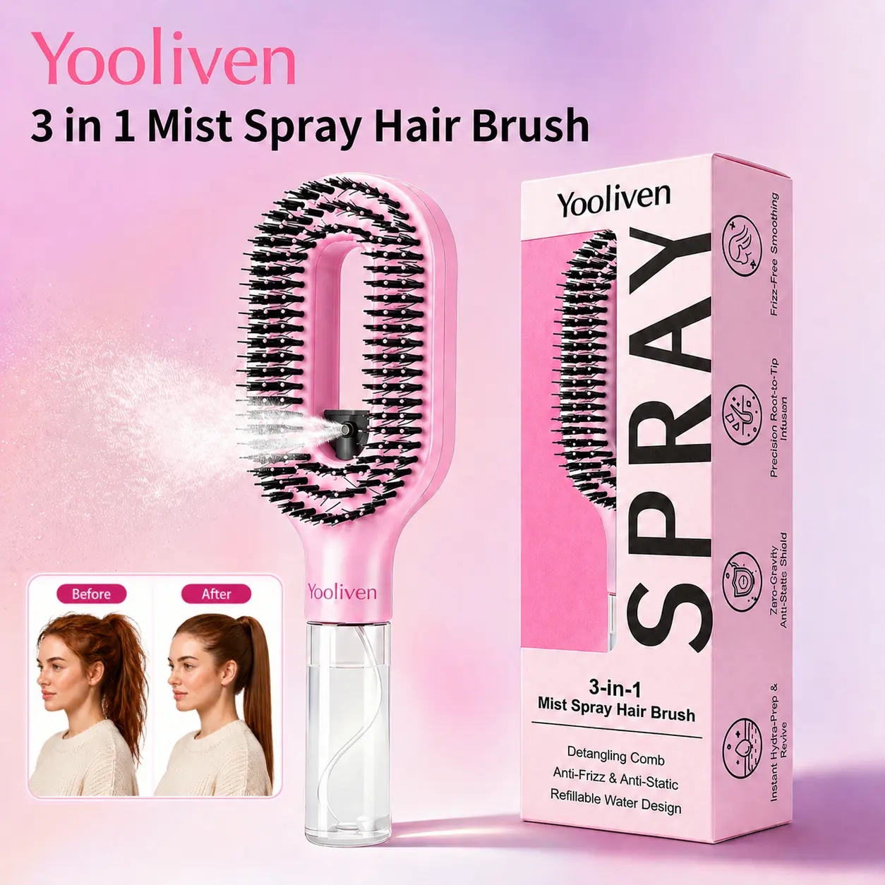 SummerFinds Yooliven 3-in-1 Mist Spray Hair Brush - Anti-Frizz Ionic Detangling Comb with Refillable 55ml Water Tank, Dual Bristle Design with Massage Tips for Dry, Curly & Thick Hair, Effortlessly untangle knotted hair