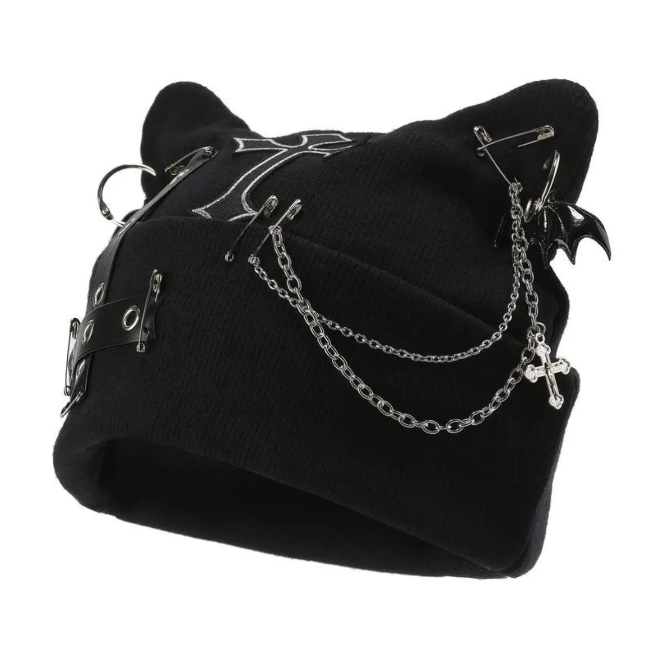 Women's Y2k Goth Cat Ear Knitted Beanie - Funky, Metallic Punk Grunge Gothic Streetwear Winter Hat, Machine Washable Festival Outfits & Halloween Accessories, Emo Stuff