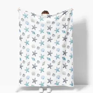 1pc Coastal ocean beach blanket, starfish and seashell pattern, blue-grey and white base, ocean theme, lightweight, soft and comfortable blanket, suitable for sofas, bedrooms, bedding, Breathable Lightweight Blanket, flannel blanket, Soft Warm Blanket.