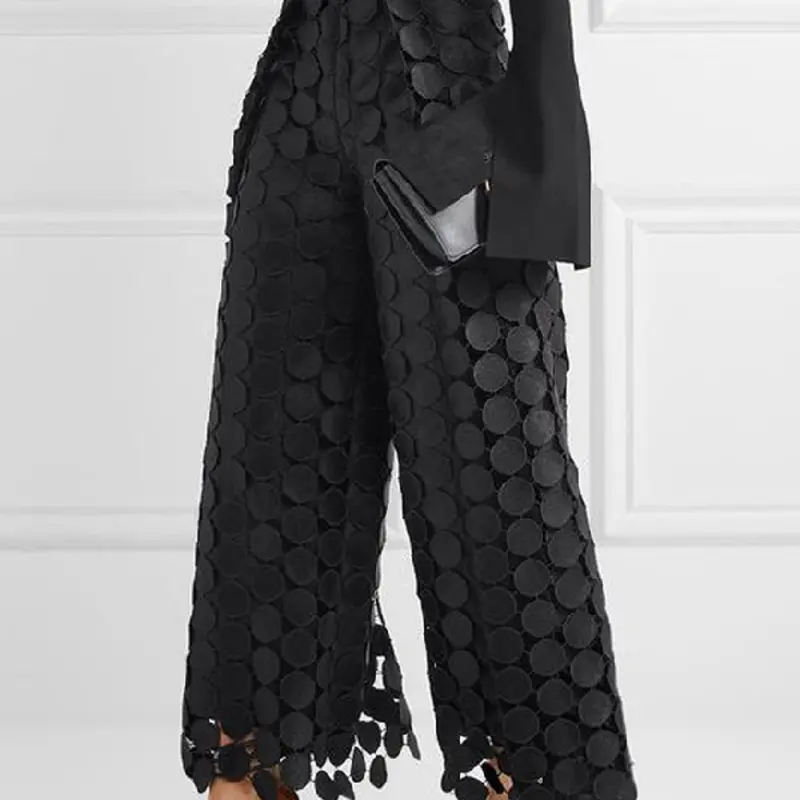 Women's Plain Black Hollow Out Wide Leg Pants Womenswear, Casual Streetwear Pants, Casual Chic Elegant Comfy Loose High Waist Solid Color Trousers for Daily Wear, Ladies Bottoms for All Seasons