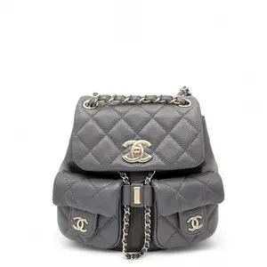 Pre-owned CHANEL Leather Backpacks Mini Duma Drawstring Backpack Grained Calfskin Grey (0612m2)
