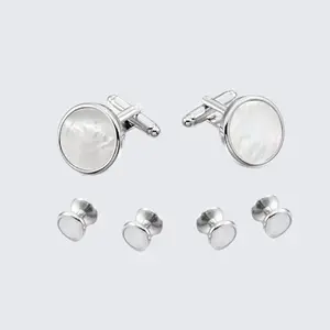 Mother of Pearl Tuxedo Studs and Cufflinks Round Silver
