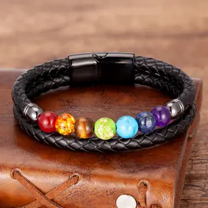 Hand Braided Vegan Leather 2 Strands Men Fashion Vintage Bracelet, 7 Chakra Rainbow Gemstone 8 Inches Wrap Bracelet for Men, Gift for father Husband