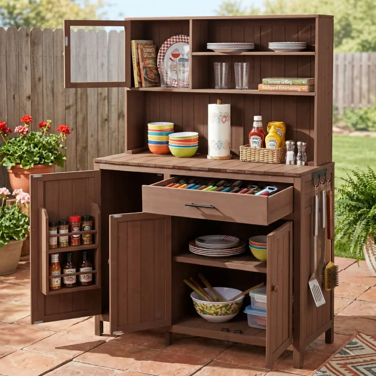 TOPAMX 65"H Solid Fir Wood Potting Bench with Hutch (Assembly Video, Assembly Required), 73.97 lbs Outdoor Garden Workstation for Gardening, Cooking, Storage, Large Countertop, Adjustable Shelves, Spice Rack, Side Hook, Drawer, Brown