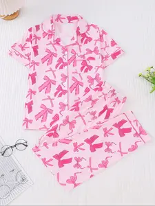 Women's 2-Piece Sleepwear Pajama Loungewear Set, Bowknot Print, Chic Elegant for Travel, Comfortable Lapel Short Sleeve Top & Wide Leg Pants Casual Wear