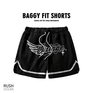 Men’s Vintage Wing Graphic Drawstring Shorts – Lightweight Breathable Athletic Shorts, Contrast Tape Streetwear Shorts for Outdoor, Beach & Summer Activities