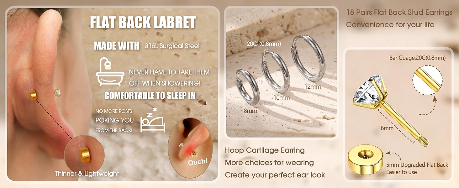 LOLIAS 21Pairs Surgical Steel Flat Back Earrings Hypoallergenic 20G Screw Back Nap Stack Cartilage Earring Stacks LOLIAS 21Pairs Surgical Steel Flat Back Earrings Hypoallergenic 20G Screw Back Nap Stack Cartilage Earring Stacks