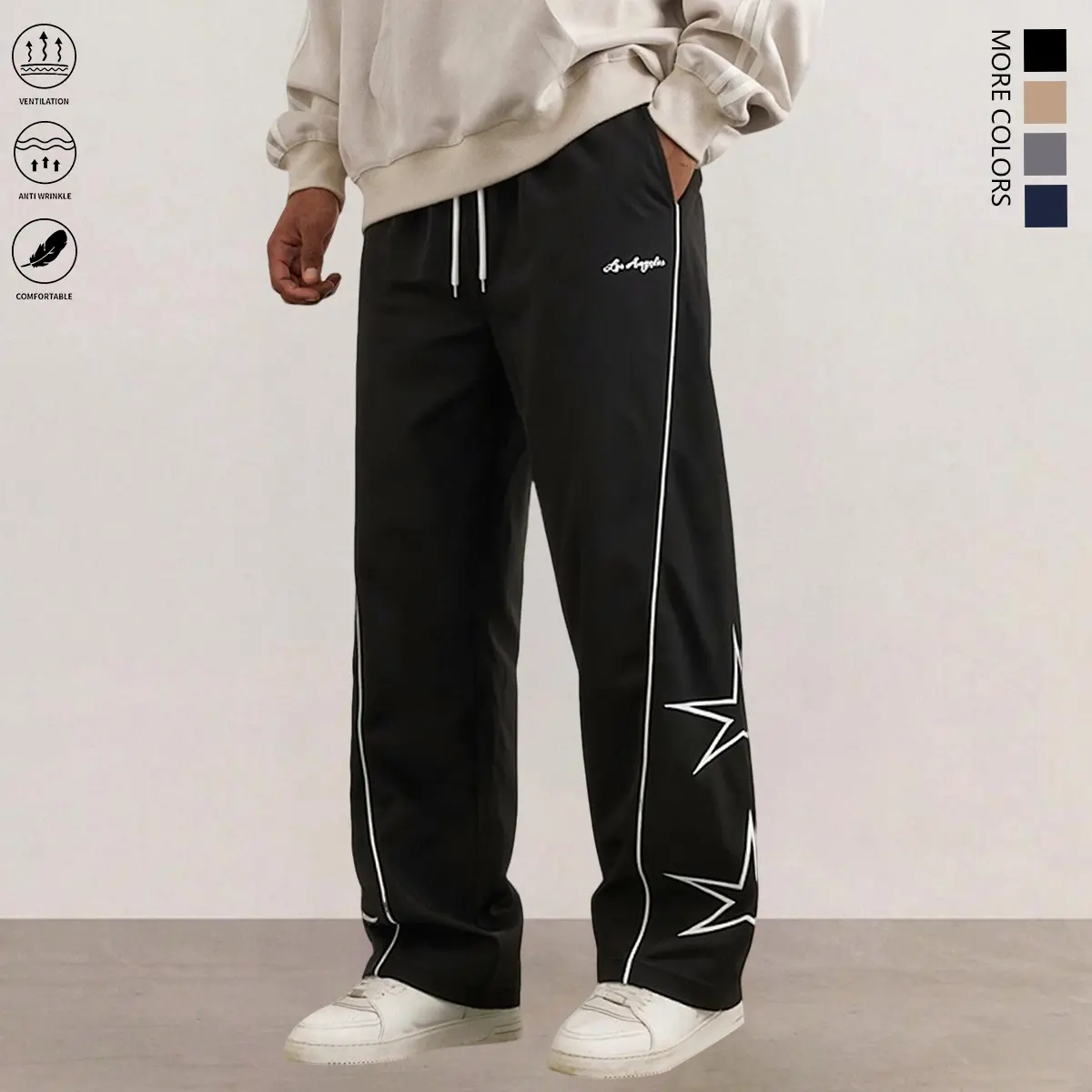 Men’s athletic pants with side stripes and star accents, comfortable, breathable, lightweight, straight-leg loose fit, suitable for everyday casual sports, summer menswear.