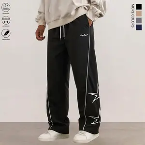 Men’s athletic pants with side stripes and star accents, comfortable, breathable, lightweight, straight-leg loose fit, suitable for everyday casual sports, summer menswear.