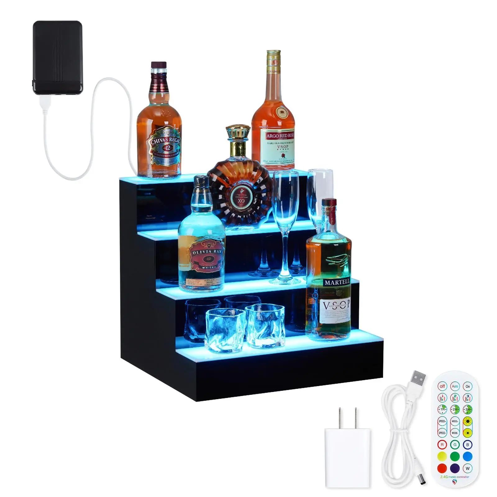 16'' LED Lighted Liquor Bottle Shelf, 4 Tier Bar Display with Remote & App Control, 16 Color LED Lighting, 4 Modes, 1-8 Hour Timer, Backlit Bar Shelf for Home Bars, Restaurants, Nightclubs