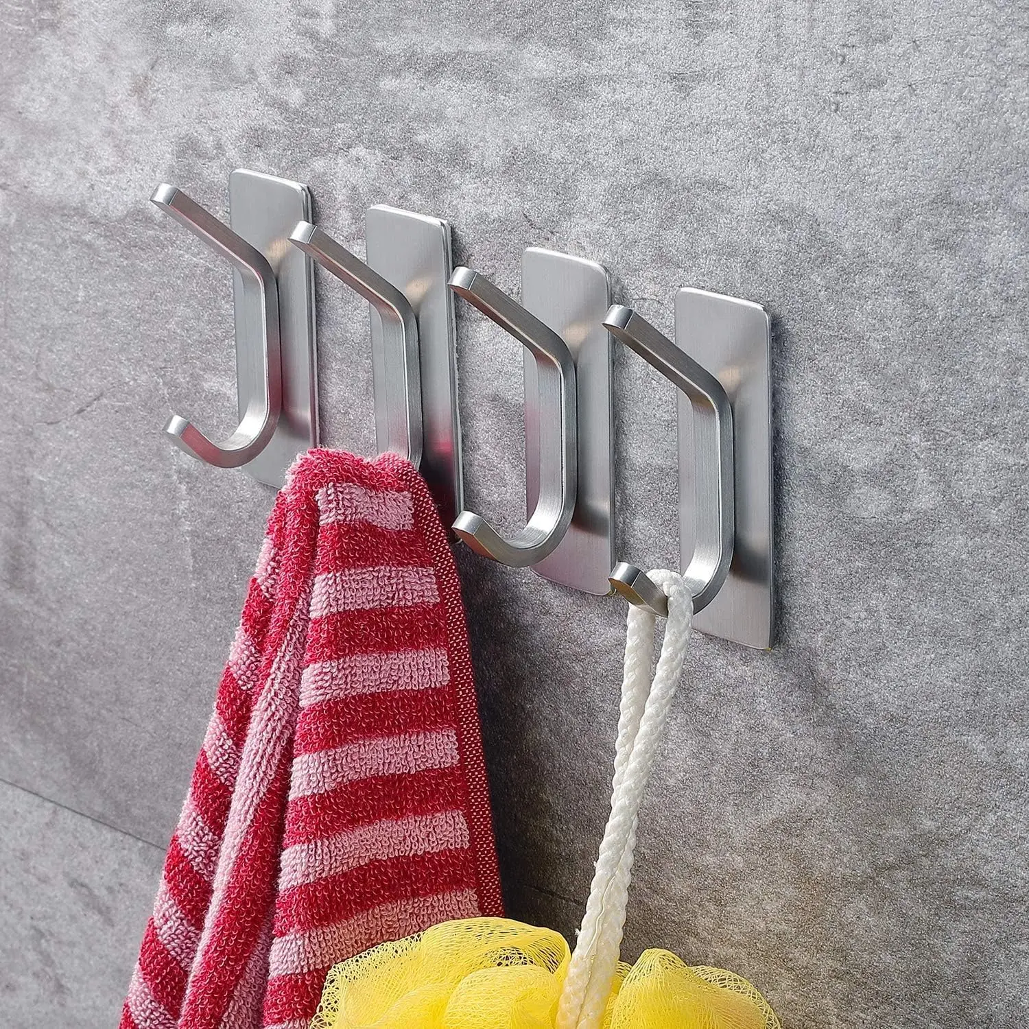 4 Pcs Brushed Nickel Self Adhesive Towel Hooks for Bathroom Wall Door Mounted - Stainless Steel Strong Strips Stick on Wall Hooks for Hanging Coat, Hat, Bag, Key, Jacket - Home Improvement., 304 Stainless Steel Towel Hooks, Adhesive Hook Bars