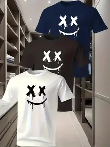 3 Pack Men's Graffiti Smiley Face Print T-Shirts, Cool X Eyes Drip Graphic Short Sleeve Crew Neck Tees, Casual Fashion Streetwear Menswear Tops for Men, Casual Summer Clothing