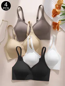 4-Pack Comfortable Medium Support Jelly Bra Set, Casual Elegant Soft Seamless Wireless Bras, Adjustable Straps, Daily Wear Underwear for Women