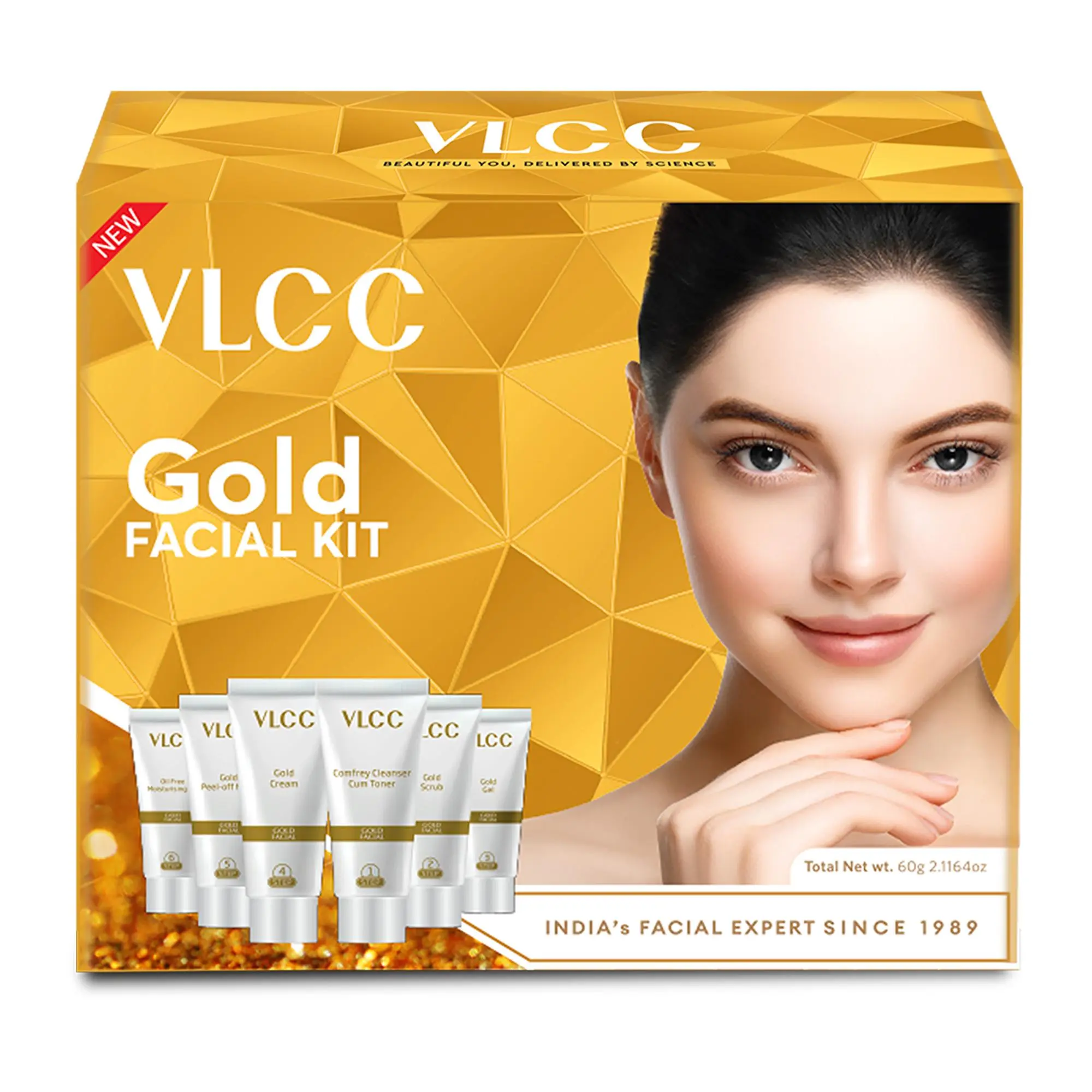 VLCC Gold Facial Kit - Includes 6 Skin Care Products - Cleanser, Face Mask, Face Cream, Gels and Scrub with Hyaluronic Acid and Allantoin - 6 pc