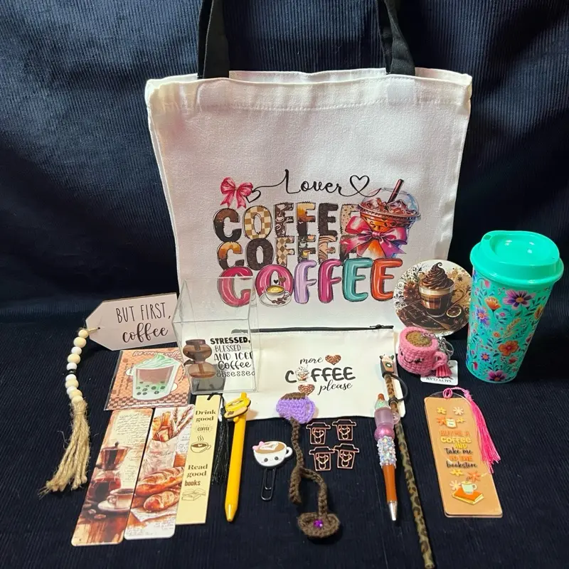 Mystery Mini Bookish for Coffee Lovers. Tote Bag with Makeup Bag, pens, cups, and many more Coffee lover goodies!!