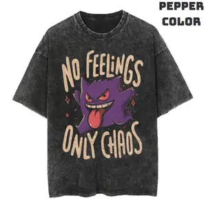 [Sale up to 45%] No Feelings Only Chaos Tee Gengar Inspired Shirt Purple Ghost Meme Graphic Top Vintage Washed Anime Style Funny Unisex Streetwear
