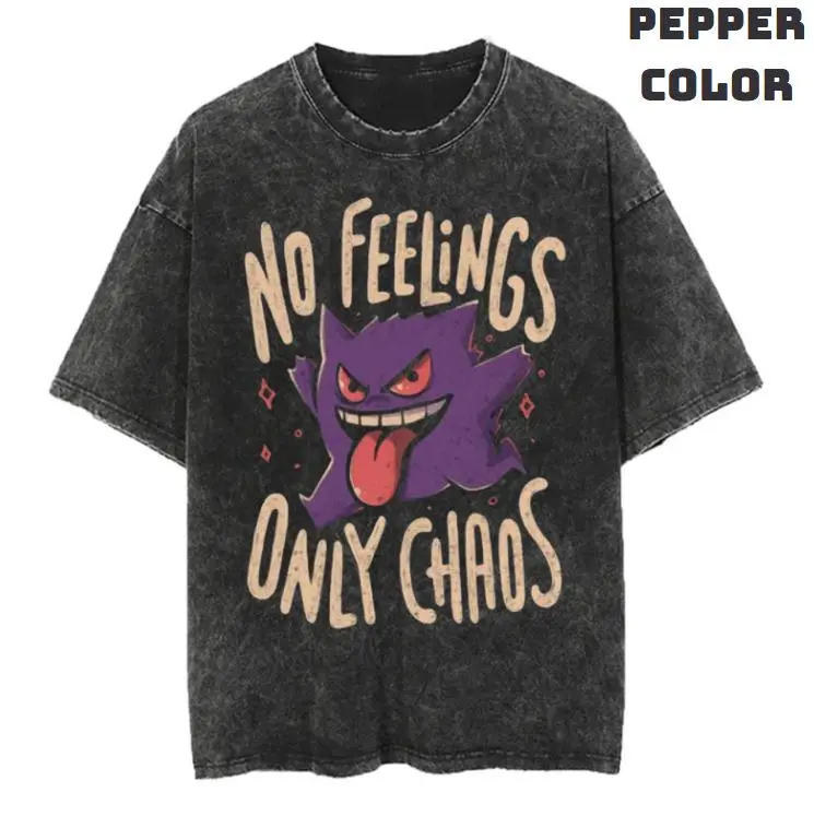 [Sale up to 45%] No Feelings Only Chaos Tee Gengar Inspired Shirt Purple Ghost Meme Graphic Top Vintage Washed Anime Style Funny Unisex Streetwear