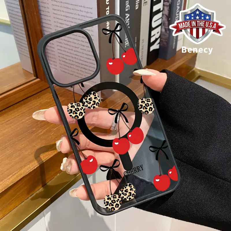 Leopard Cherry Pattern Magnetic Phone Case Supports Wireless Charging for iPhone 15 16 14 Pro Max 13 12 11 XR XS Plus E Shockproof Non Slip Protection Silicone Transparent Acrylic Cover Cellphone Protective