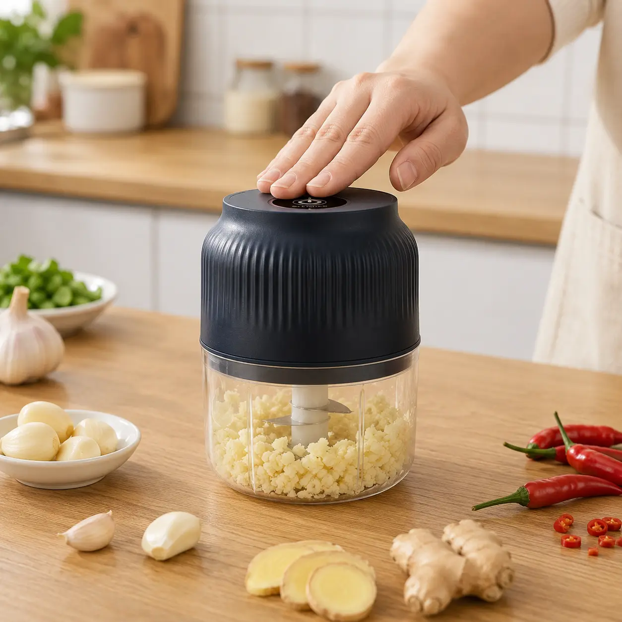 Electric Garlic Chopper with 4 Sharp Blades Portable Veggie Chopper 300ML Capacity Cordless Food Processor for Ginger Chili Fruit Meat Spices Beans