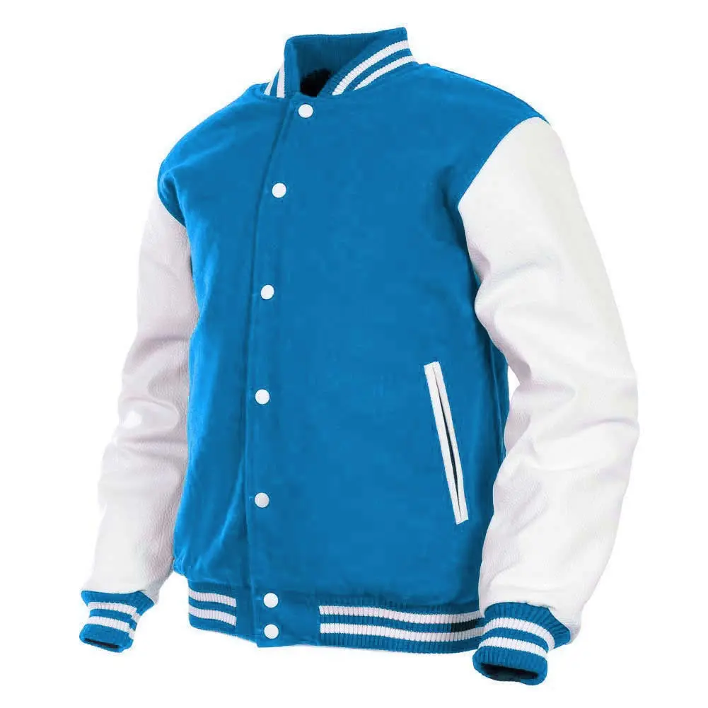 Deckra Women's Varsity Letterman Jacket Coats - Handmade Wool & Genuine Leather Sporty Chic Varsity Look Outerwear, Baseball-Inspired, Button-Closure, Polyester-Accented, Embroidered, Pocketed, Multi-Size (Sky Blue/White), Tops, Letters, Baseball Jacket,,