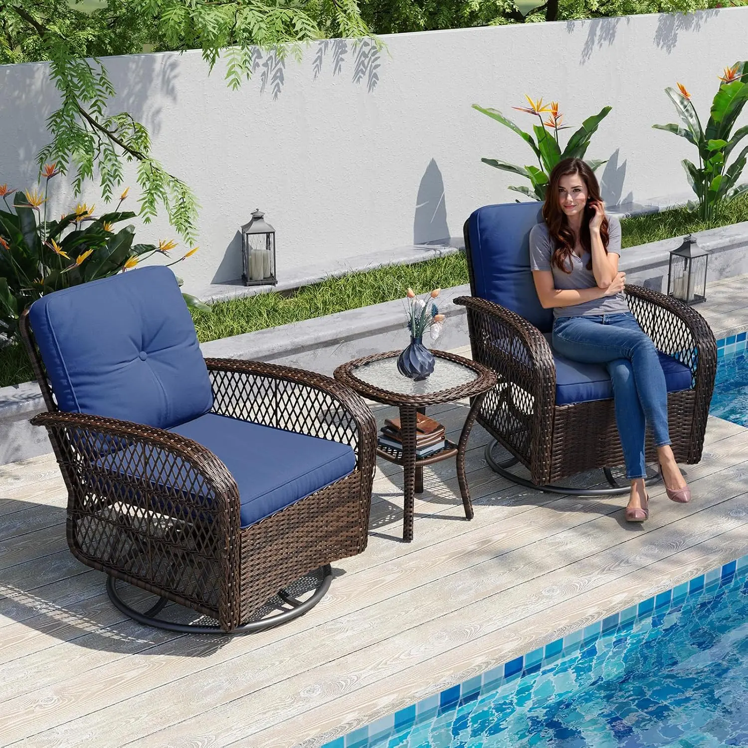 Aoxun 3 Pieces Patio Furniture Set, Patio Swivel Rocker Chairs Set of 2, Wicker Outdoor Bistro Set with Rocking Chair, Thickened Cushions and Table for Porch (Peacock Blue)