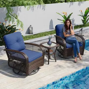 Aoxun 3 Pieces Patio Furniture Set, Patio Swivel Rocker Chairs Set of 2, Wicker Outdoor Bistro Set with Rocking Chair, Thickened Cushions and Table for Porch (Peacock Blue)