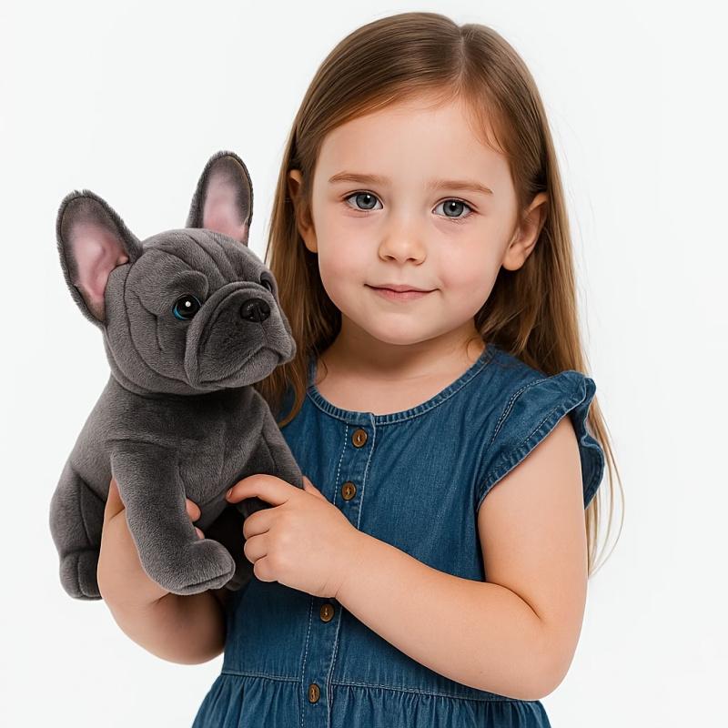 Realistic French Bulldog Plush Stuffed Animal – Soft Black & Grey Coarse Coat, Expressive Eyes, Light Beige Fluffy Ears, Cuddly & Durable Companion Toy, Perfect Birthday & Christmas Gift for Kids, Ideal for Ventriloquism Practice
