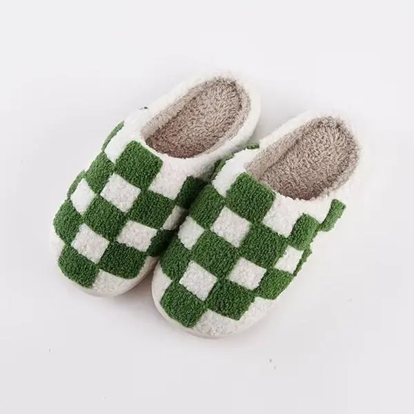 Green Checker Slippers For Women Men Indoor Soft Warm Cotton Slippers House Memory Foam Cozy Fluffy Fall Winter Home Slippers with Santa Design Footwear Girl