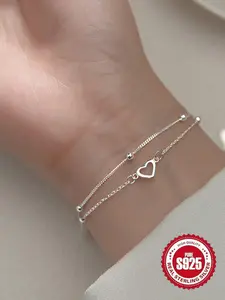 S925 Sterling Silver Double Heart Design Stackable Bracelet, Heart Charm Bracelet, Fashion Jewelry for Party, Daily Clothing Decor, Trendy All-match & Exquisite Jewelry for Birthday Gift