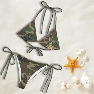 Matching Couple Swimwear Set, Camouflage Bikini and Shorts, Statue Print Beachwear Outfit