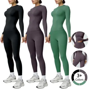 Women's 2 Piece Yoga Workout Track Suit Long Sleeve Top & Elastic High Waist Jogger Leggings Slim Fit Breathable Quick Dry Compression Wear