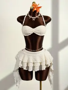 MINSARA Clean Girl Resort Outfit Solid Color Bathing Suit Trio With Textured Fabric And Gathered Hem Perfect For Tropical Island Getaways