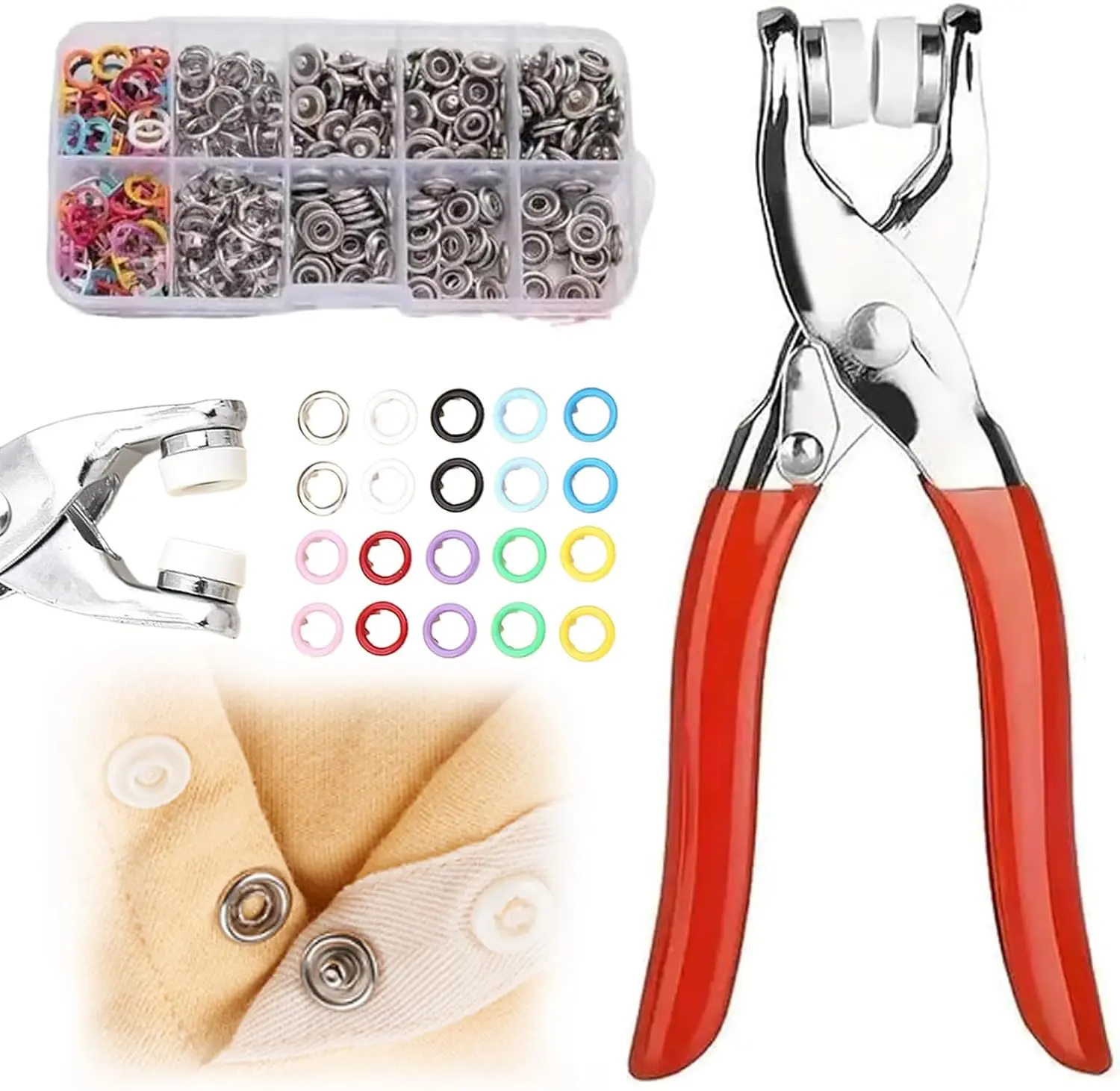 Including 100pcs Invisible Colored Metal Buckle & 1 Count Manual Pressure Pliers,Household Sewing Accessories for DIY Handicraft Clothing & Hat,Buttons & Pliers Tool Kit,Seamless Stitching Sewing Kit Tools,Sewing Supplies Crafts.