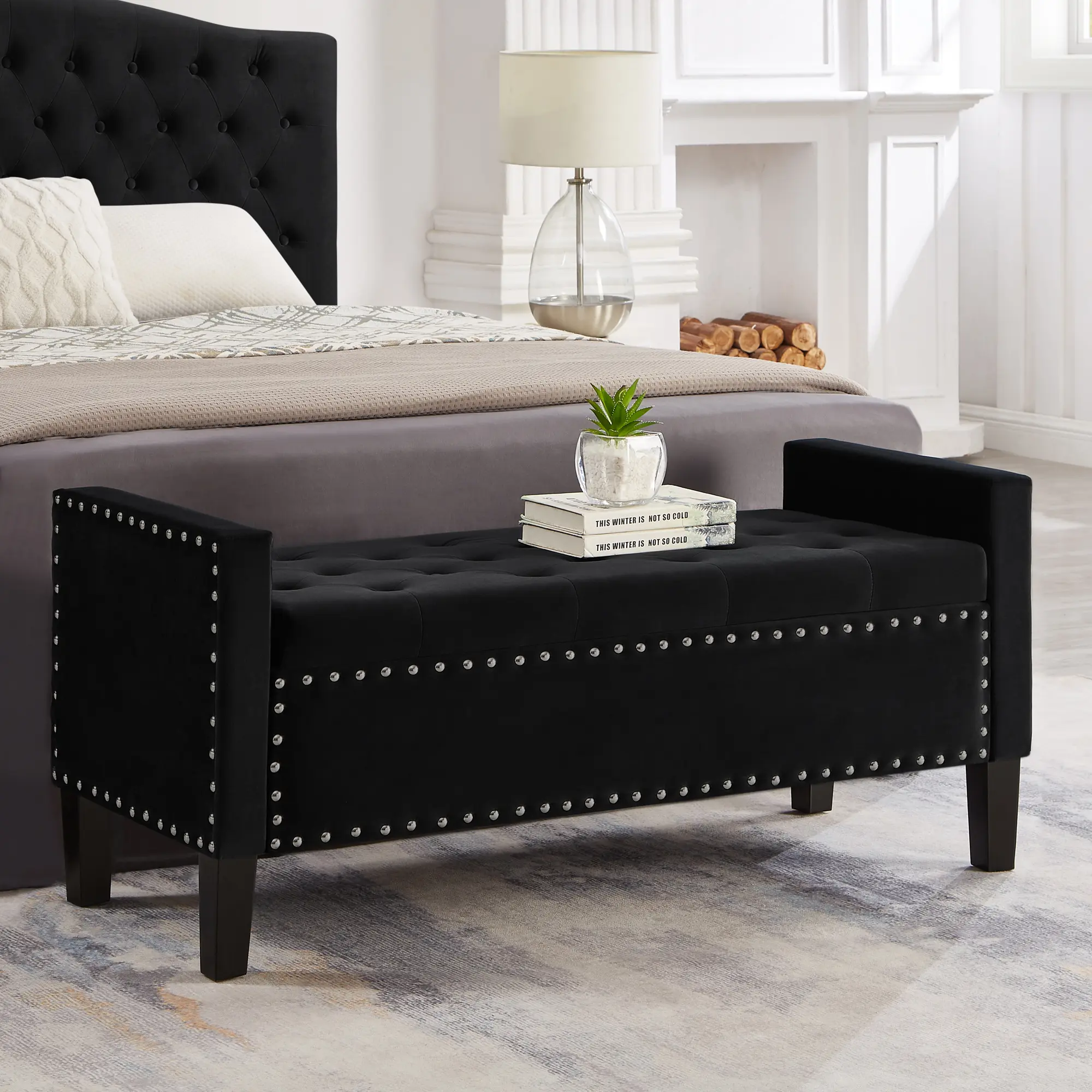 Velvet Modern Upholstered Storage Ottoman Bench with Arms, 48" End of Bed Bench for Entryway, Bedroom, Living Room, Black