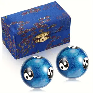 2pcs Blue Baoding Balls Ornament, Chinese Health Massage Exercise Stress Balls For Adults With Gift Box, 1.85 Inches Hand Relief Exercise Ball Yin Yang Design, For Home Room Living Room Office Decor, Christmas Valentine's Day New Year Gift