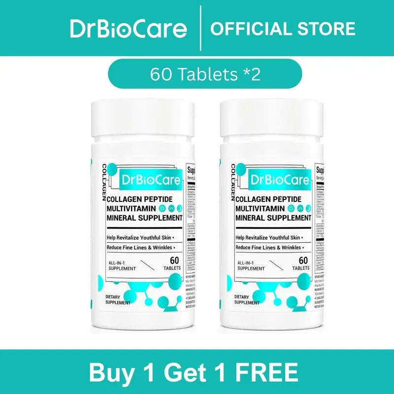 【Buy 1 Get 1 Free】DrBioCare Codfish Collagen Peptide Beauty Supplement Tablets for Adults - Probiotics Blend, Vitamin C, D3, E, B, Multivitamins, Minerals, Skin Care Support - 60 or 120 Tablets per Bottle