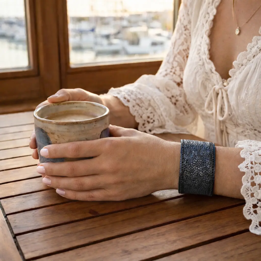Blue Stingray Leather Cuff Bracelet, 1 Inch Wide Adjustable Exotic Leather Bracelet, Handmade Blue Shagreen Cuff, Black Leather Lined