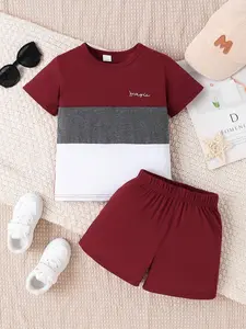 Two-Piece Set Toddler Boy's Colorblock Print Short Sleeve Tee & Elastic Waist Shorts, Casual Round Neck T-shirt & Track Shorts for Summer, Kids Clothes for Daily Wear