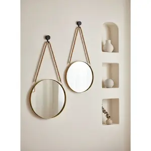 Cirelle 1pc Easy-To-Install Round Wall Mirror, Polished Glass, Makeup Mirror, Wall-Mounted Dressing Mirror, Shower Mirror, 1 Rope Hanging Mirror, Country-Style Round Mirror, Metal Frame, Suitable For Bathrooms And Bedrooms