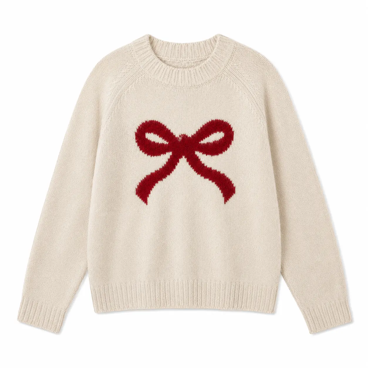 Women’s Ivory Bow Graphic Knit Sweater, Red Coquette Bow Crew Neck Long Sleeve Pullover, Cute Casual Fall Winter Top