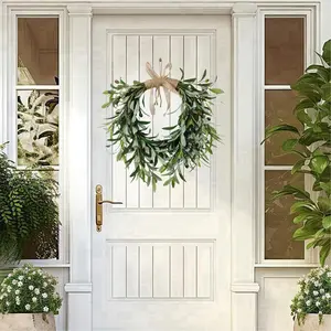 Bohemian Artificial Olive Branch Wreath, Durable Plastic Plant, Jute Bow, Indoor Outdoor Wall Decor, Wedding Party Decoration
