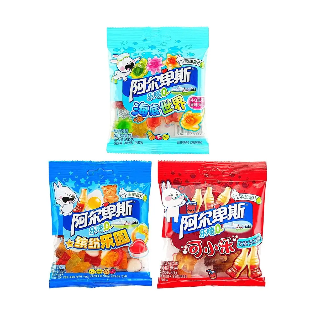 Alpenliebe Gummy Candies - Fruit Flavored, Soft & Chewy, Assorted Shapes (Ocean Animals, Cola Bottles, Fun Park) - 3 Packs, 160g